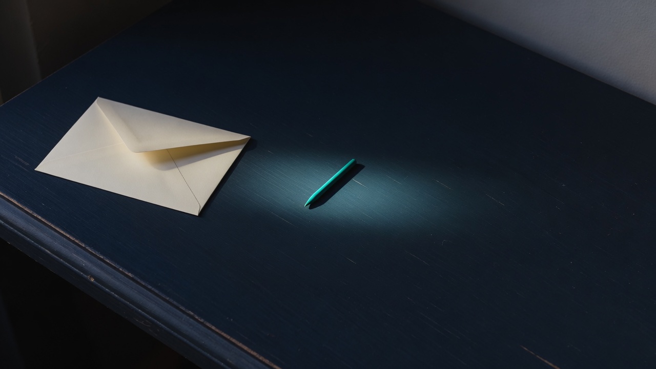 Cream stationery and a teal accent on a dark navy desk