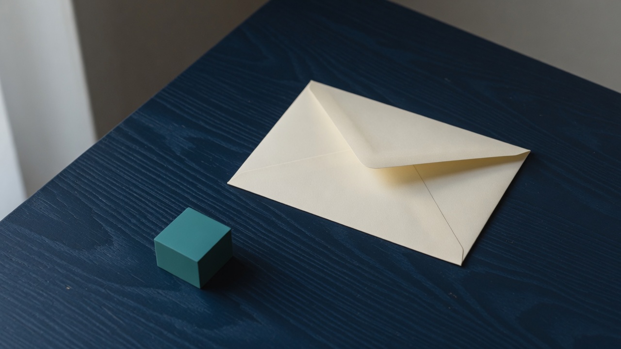 Cream stationery and a teal accent on a dark navy desk