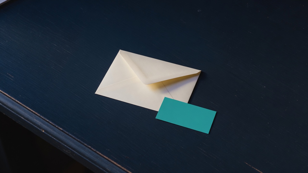 Cream stationery and a teal accent on a dark navy desk