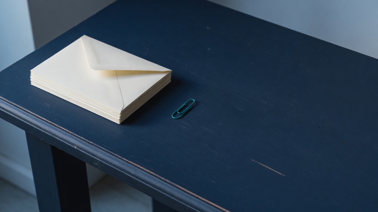 Cream stationery and a teal accent on a dark navy desk
