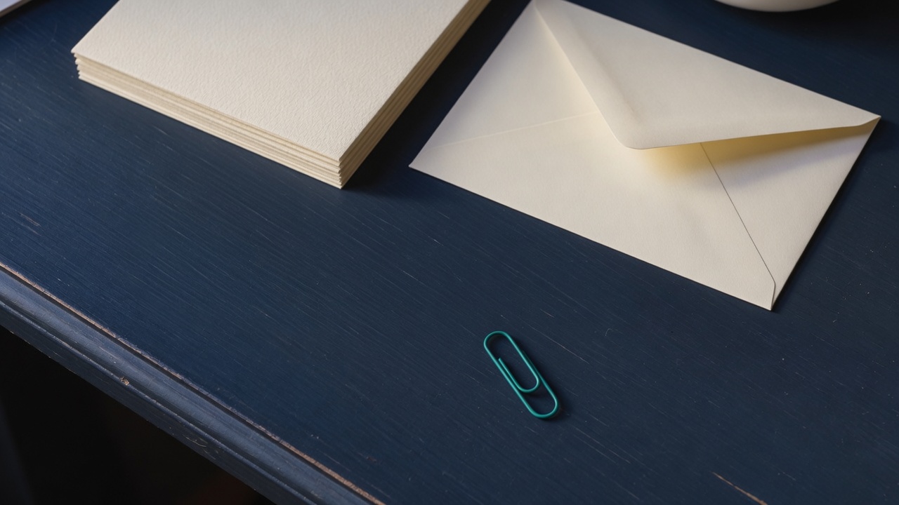 Cream stationery and a teal accent on a dark navy desk