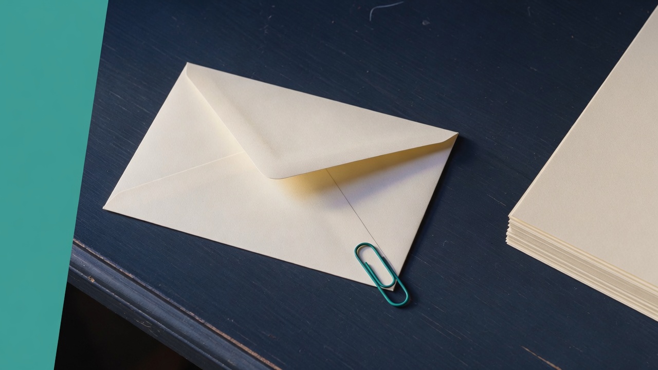 Cream stationery and a teal accent on a dark navy desk