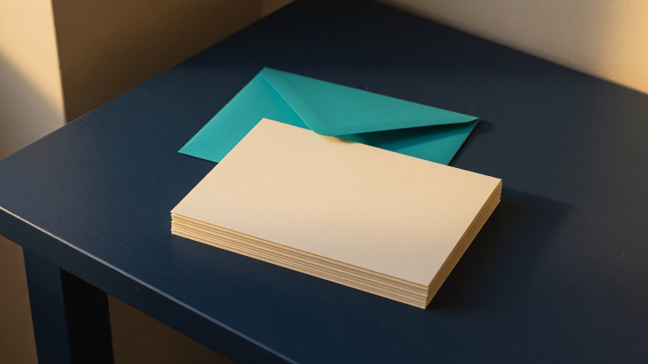 Cream stationery and a teal accent on a dark navy desk
