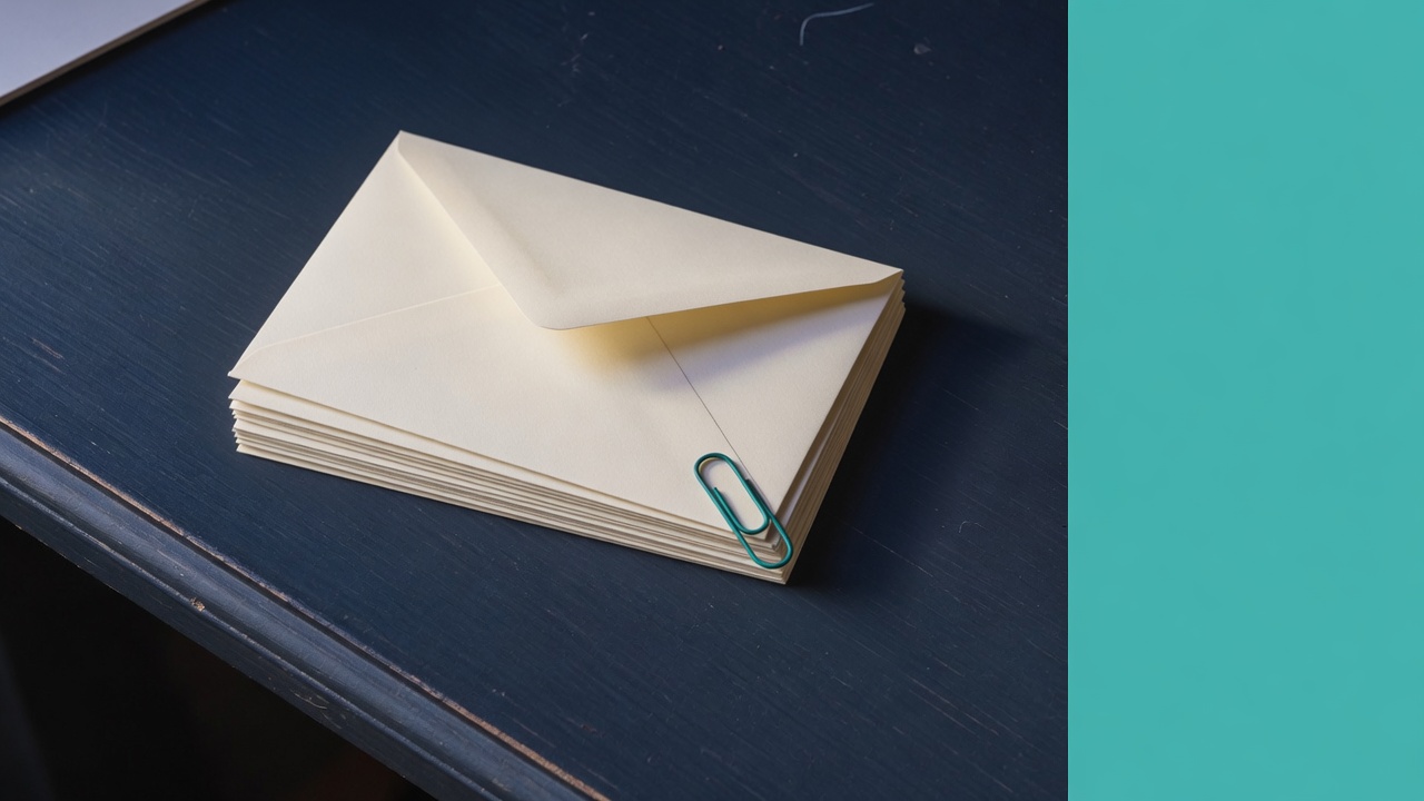 Cream stationery and a teal accent on a dark navy desk