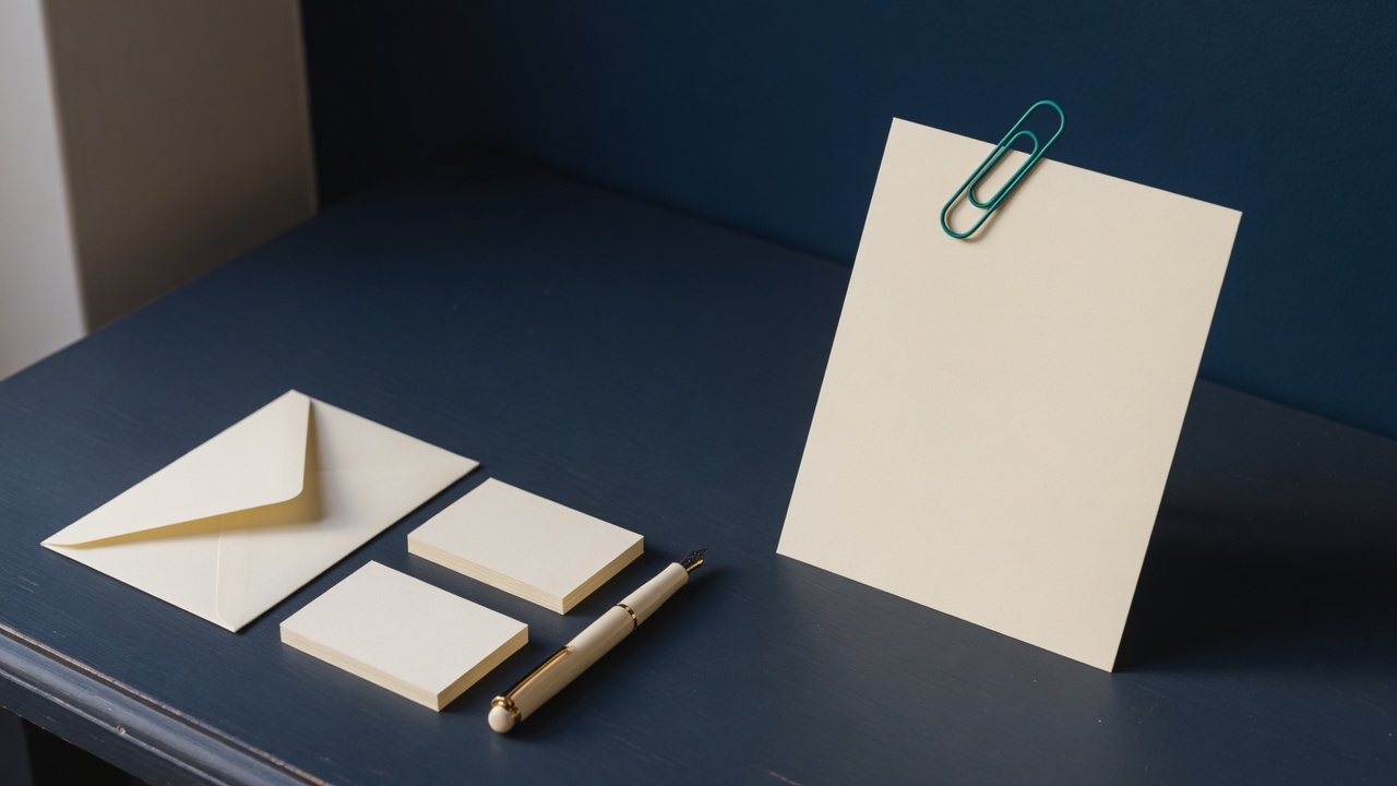 Cream stationery and a teal accent on a dark navy desk