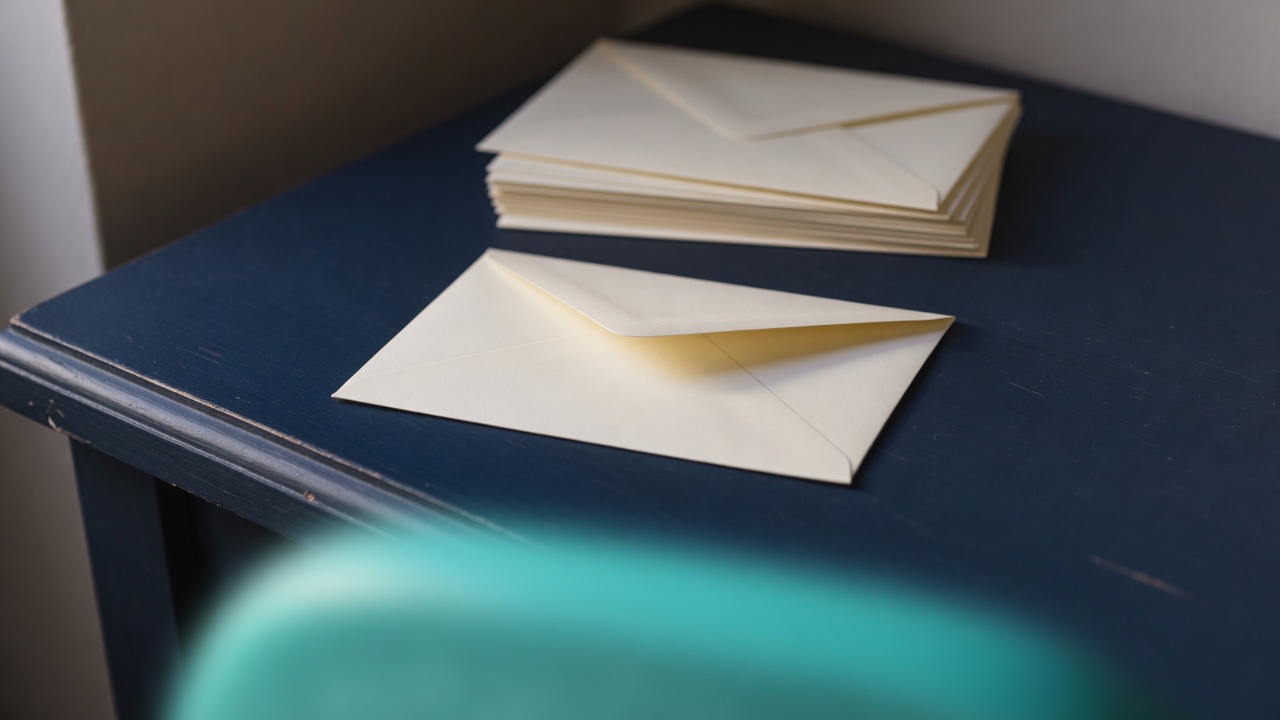 Cream stationery and a teal accent on a dark navy desk