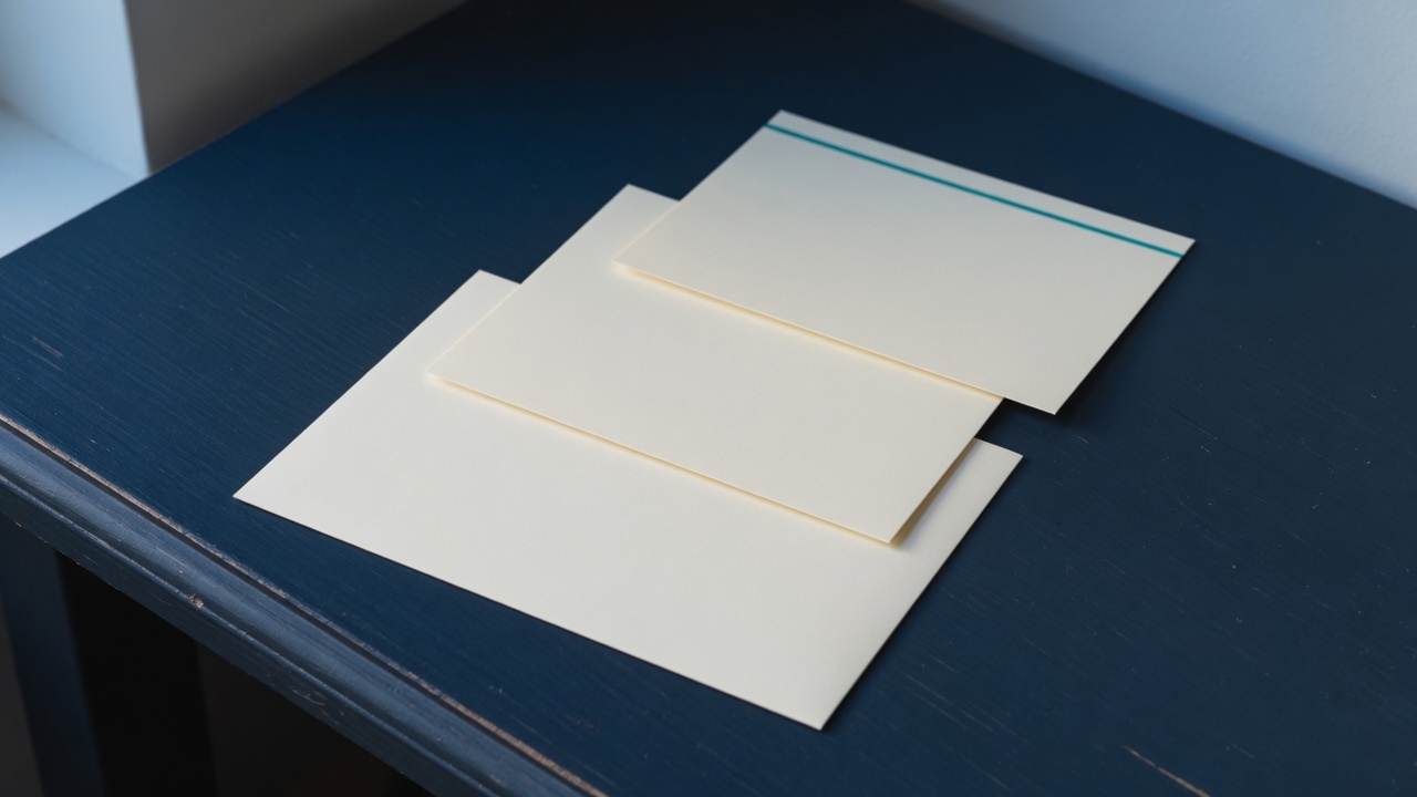 Cream stationery and a teal accent on a dark navy desk
