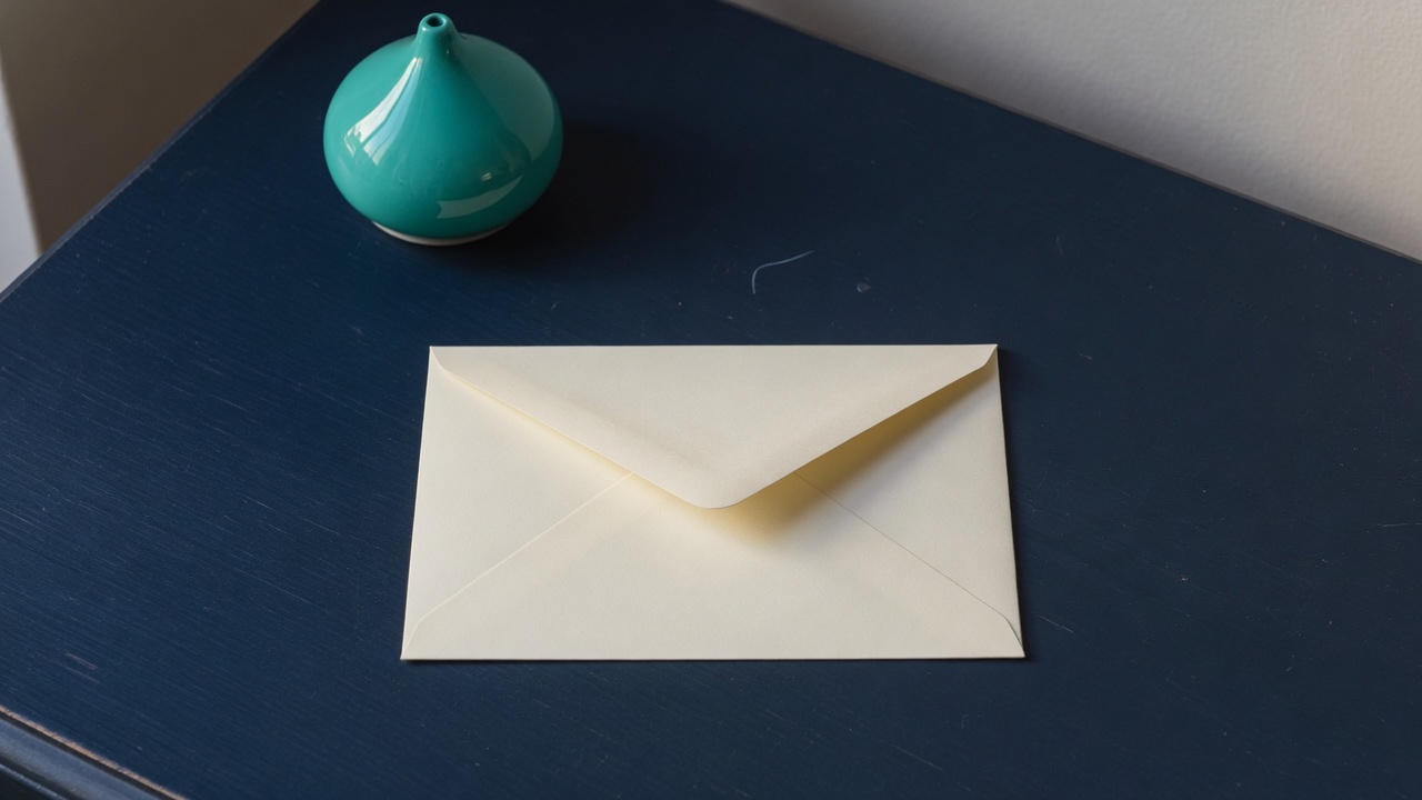 Cream stationery and a teal accent on a dark navy desk