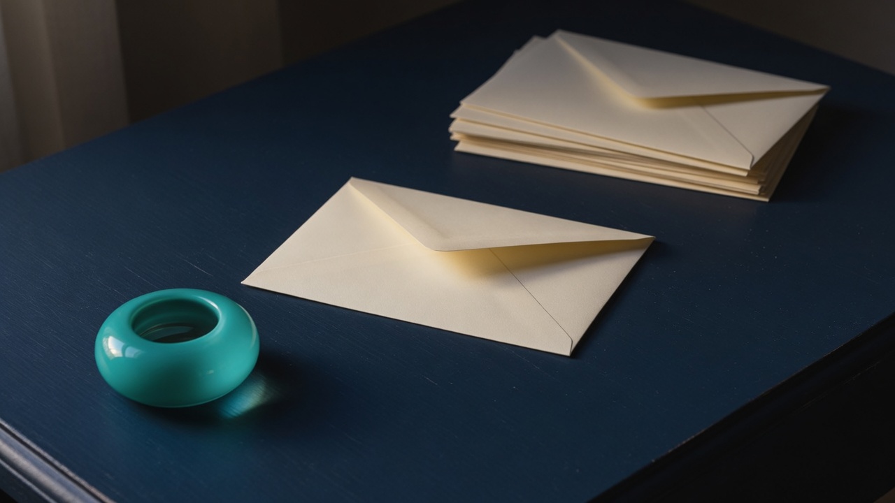 Cream stationery and a teal accent on a dark navy desk