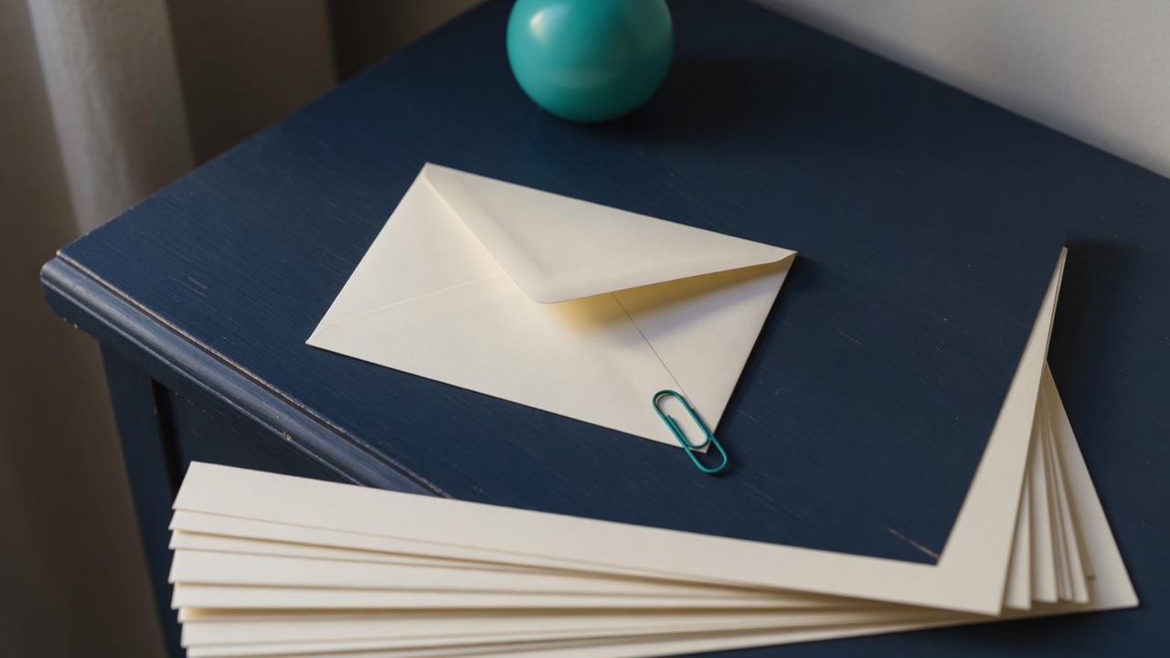 Cream stationery and a teal accent on a dark navy desk