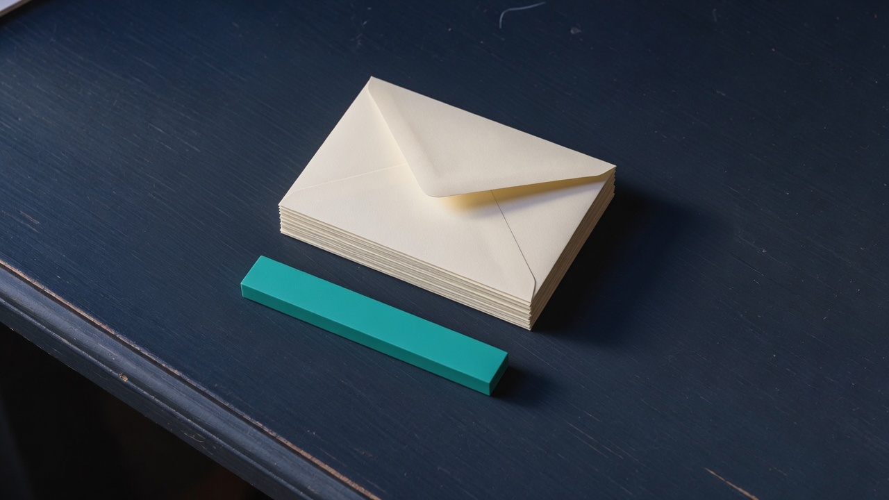Cream stationery and a teal accent on a dark navy desk