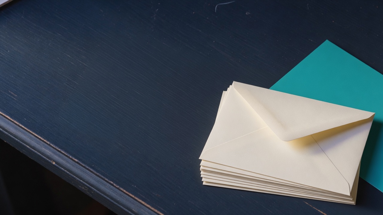Cream stationery and a teal accent on a dark navy desk