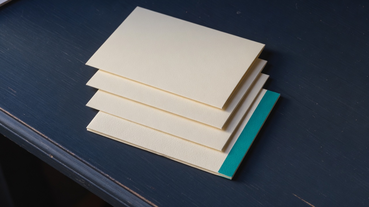 Cream stationery and a teal accent on a dark navy desk