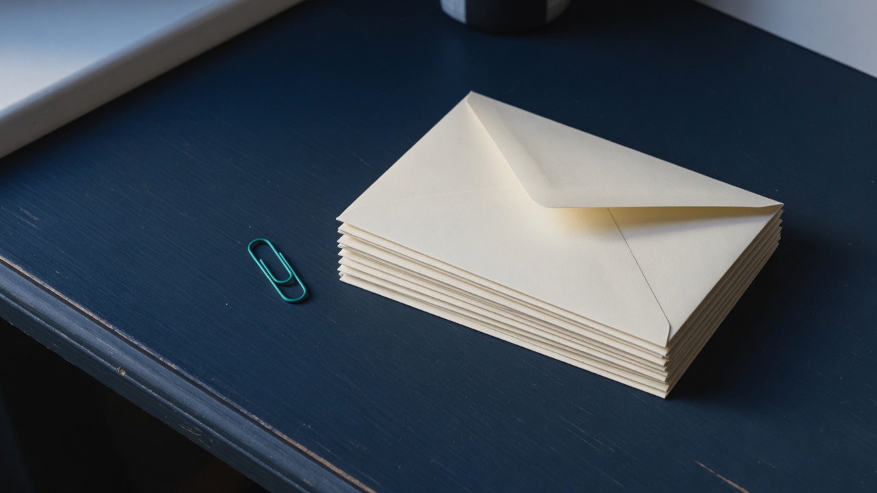 Cream stationery and a teal accent on a dark navy desk