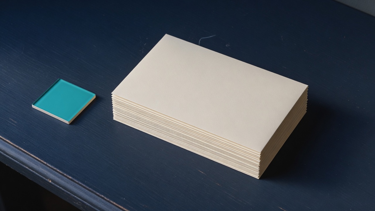 Cream stationery and a teal accent on a dark navy desk