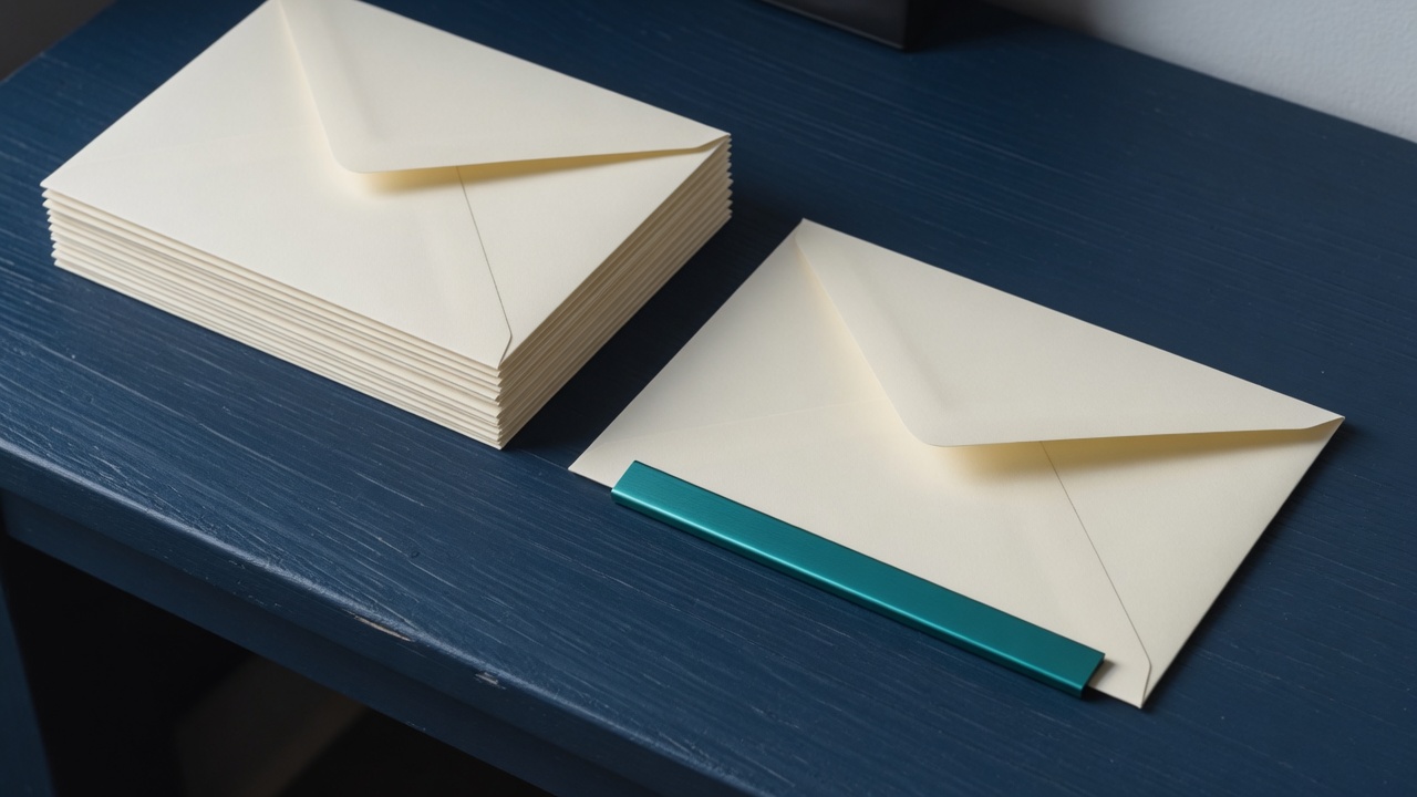 Cream stationery and a teal accent on a dark navy desk