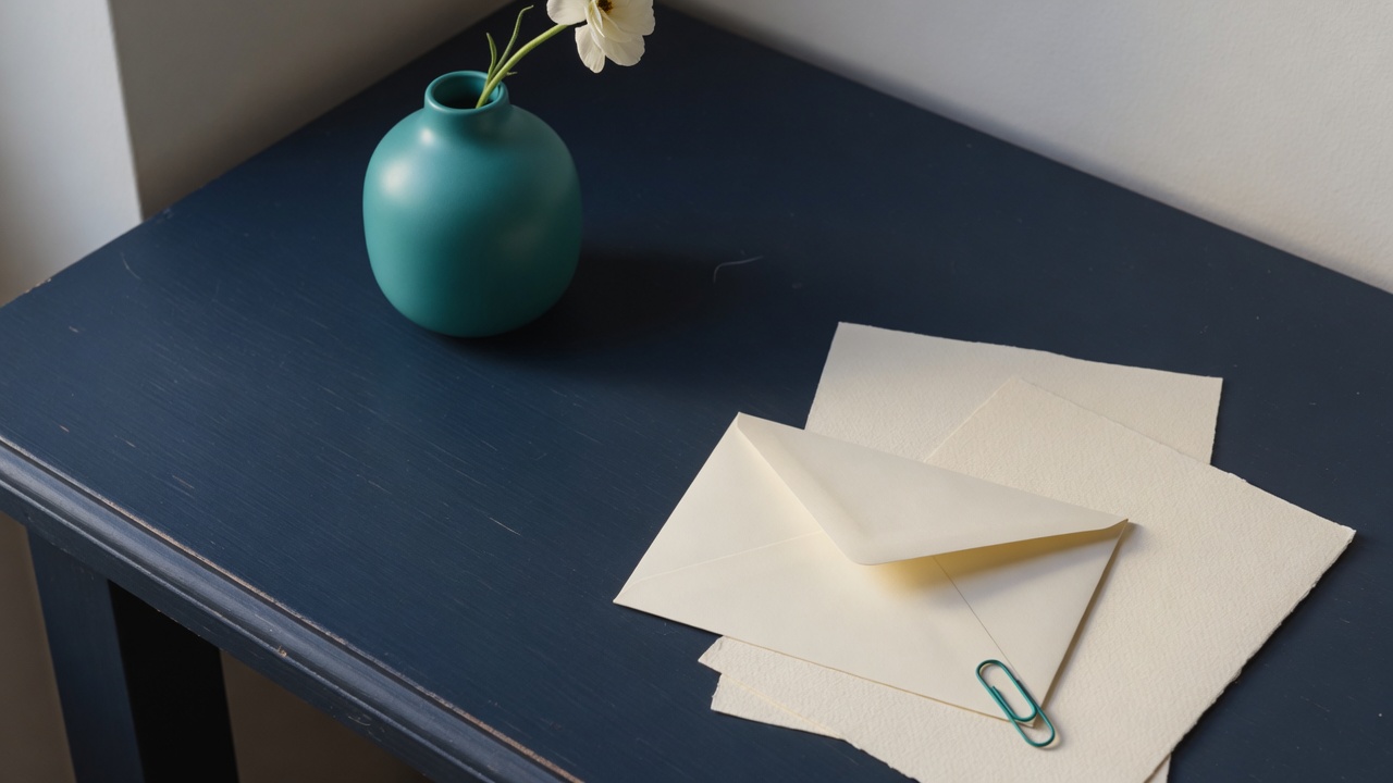 Cream stationery and a teal accent on a dark navy desk