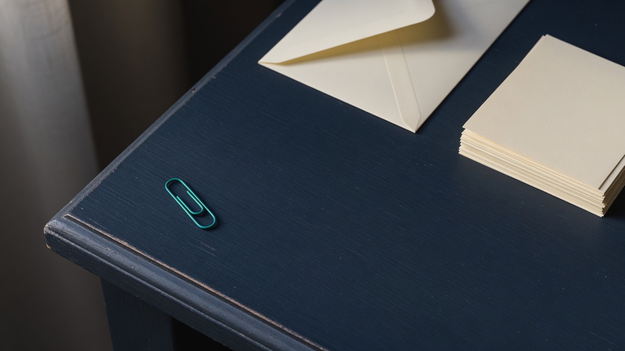 Cream stationery and a teal accent on a dark navy desk