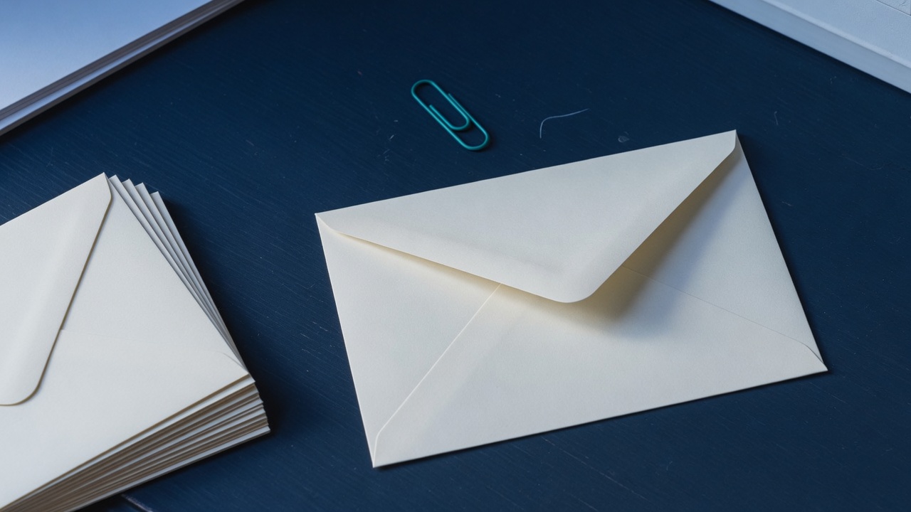 Cream stationery and a teal accent on a dark navy desk