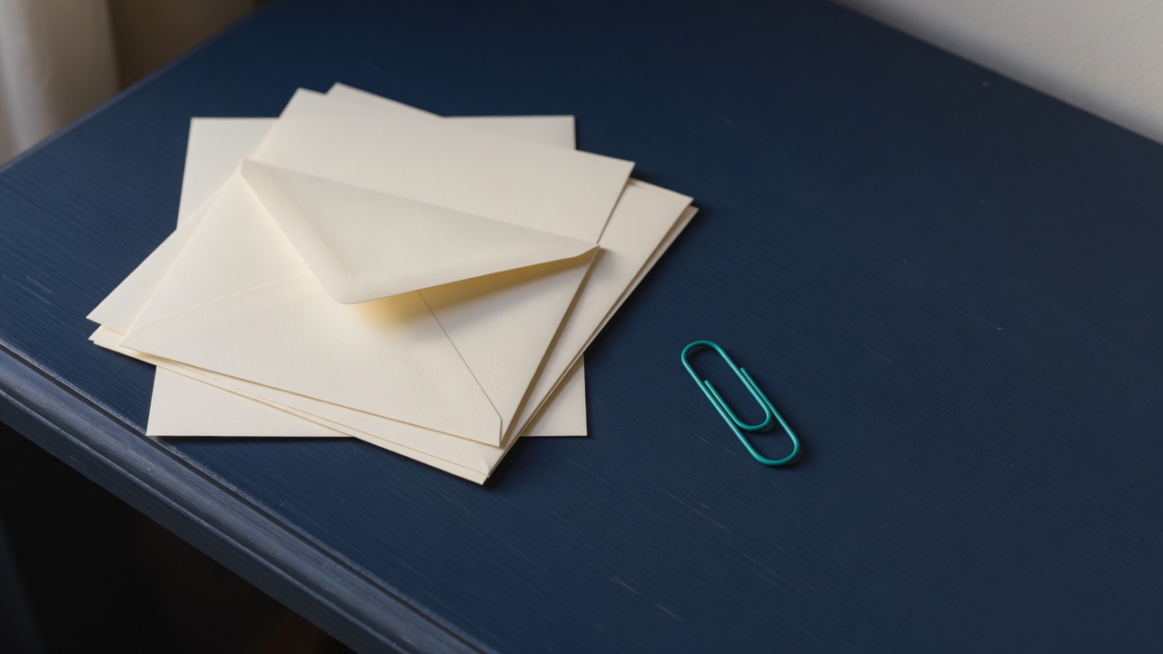 Cream stationery and a teal accent on a dark navy desk