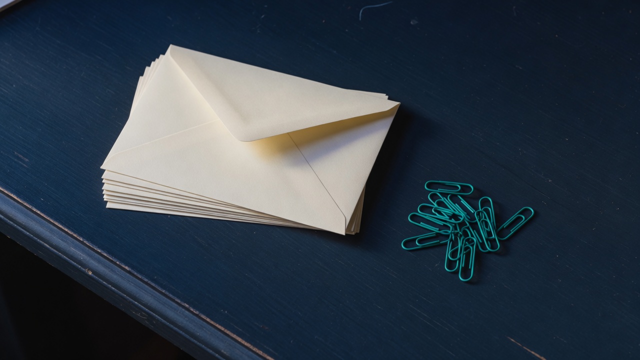 Cream stationery and a teal accent on a dark navy desk
