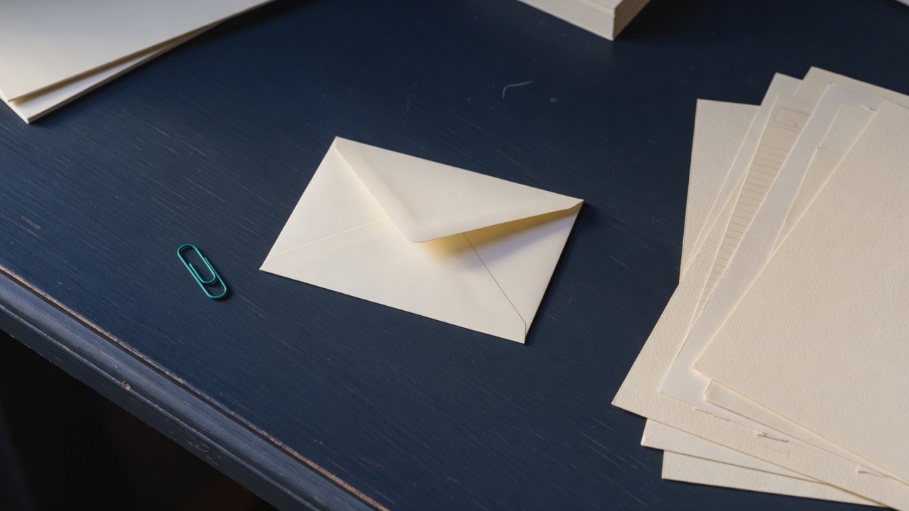 Cream stationery and a teal accent on a dark navy desk