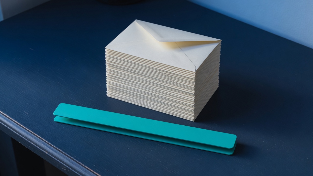Cream stationery and a teal accent on a dark navy desk