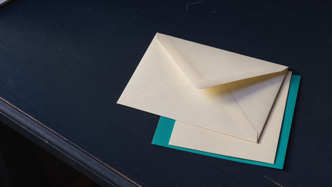 Cream stationery and a teal accent on a dark navy desk