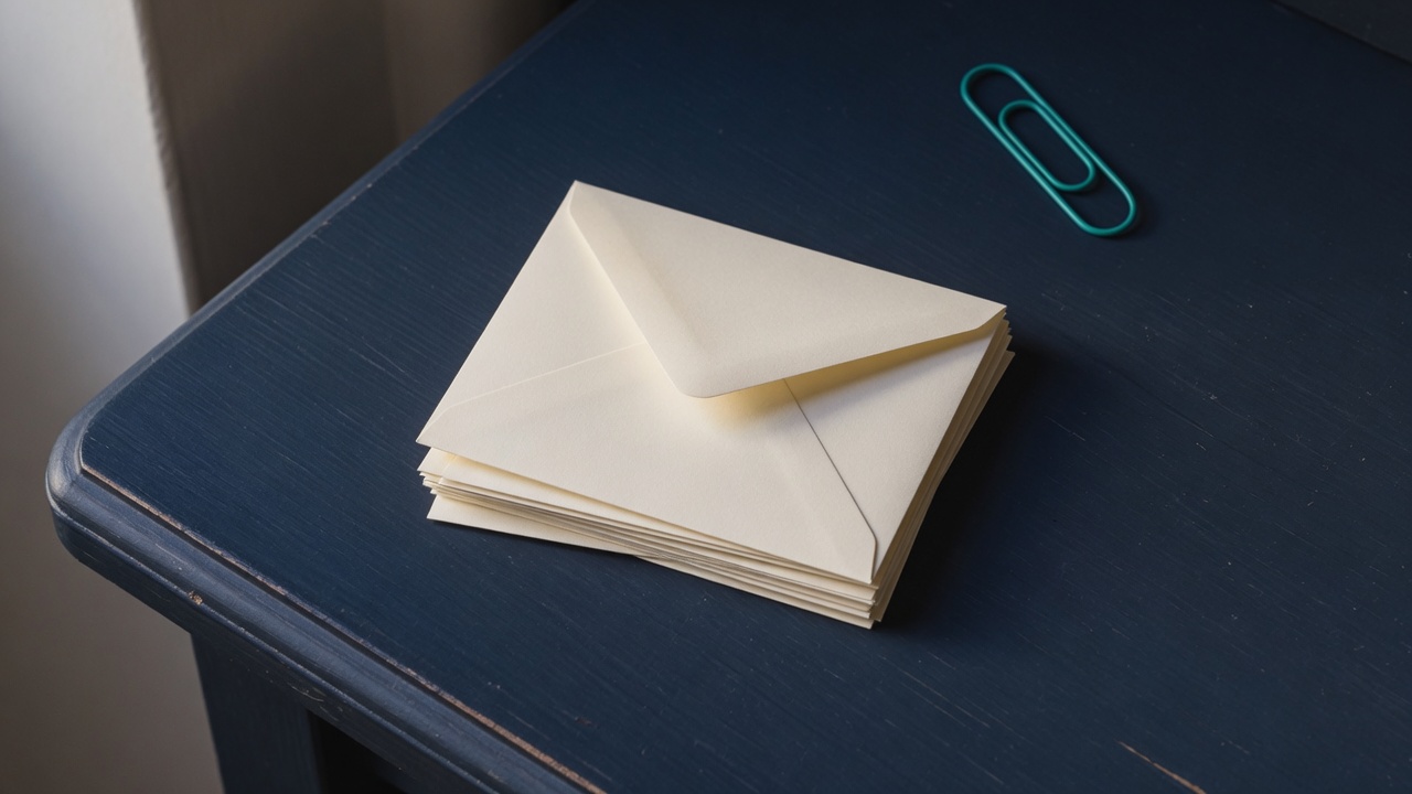Cream stationery and a teal accent on a dark navy desk