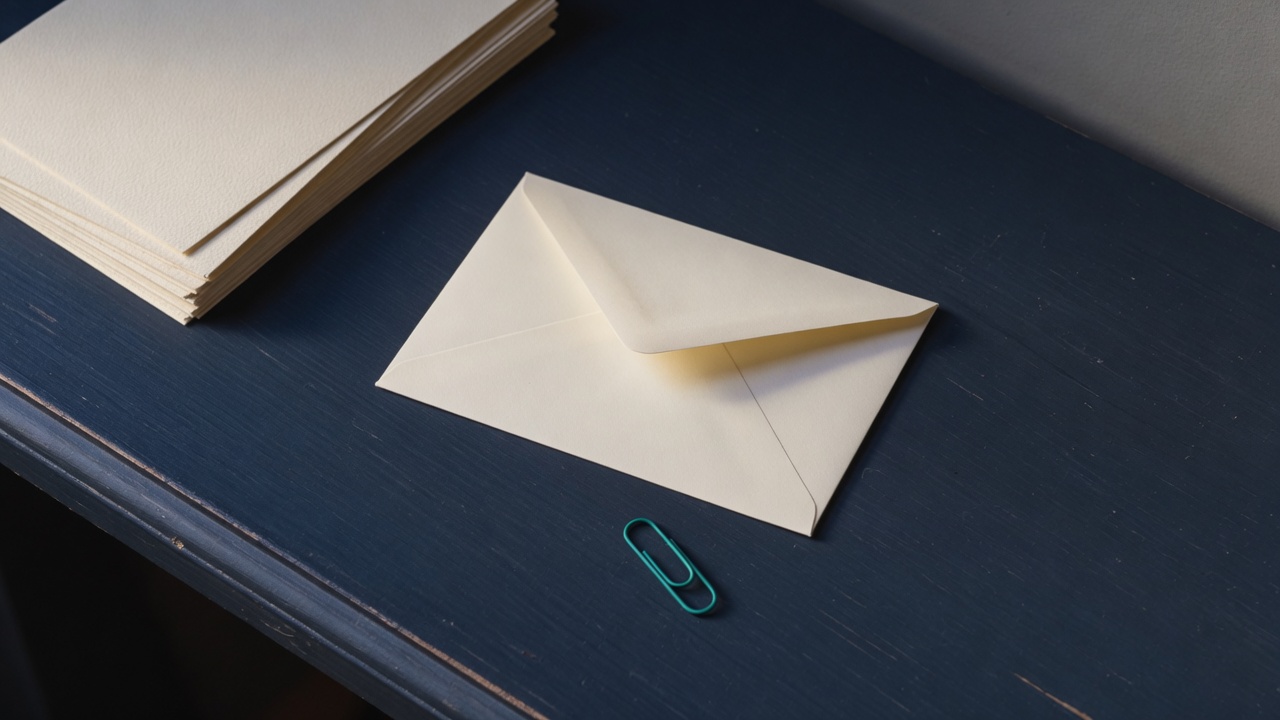 Cream stationery and a teal accent on a dark navy desk