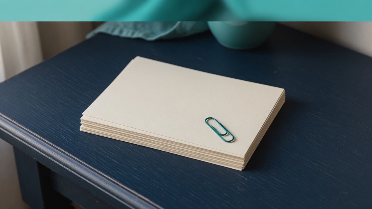 Cream stationery and a teal accent on a dark navy desk