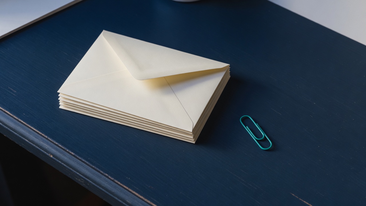 Cream stationery and a teal accent on a dark navy desk