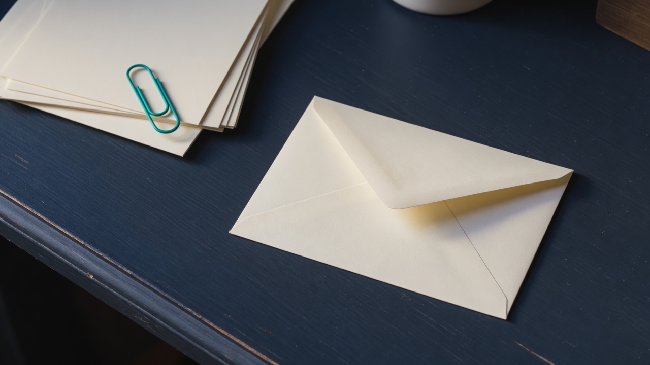Cream stationery and a teal accent on a dark navy desk