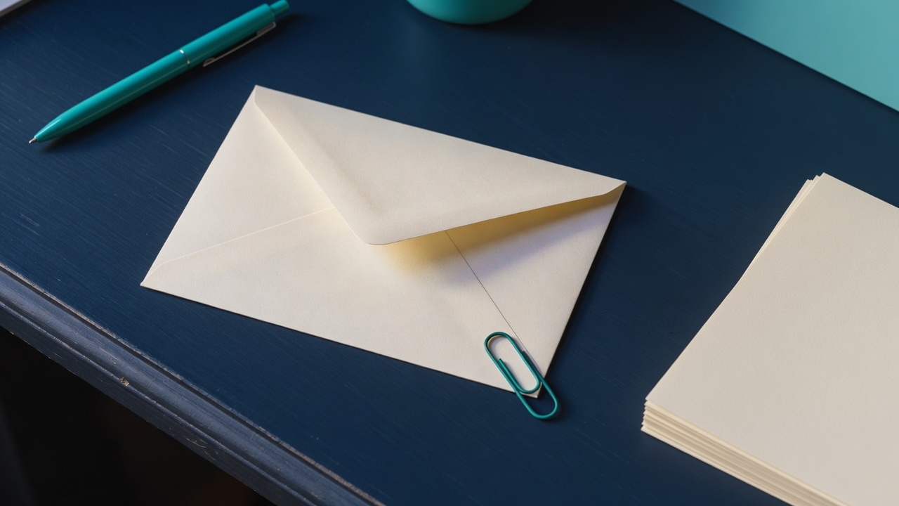 Cream stationery and a teal accent on a dark navy desk
