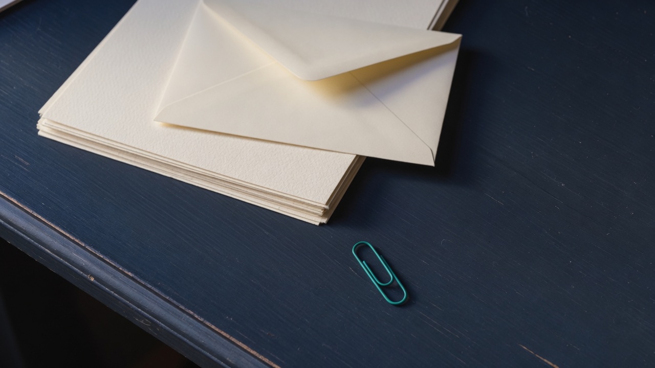 Cream stationery and a teal accent on a dark navy desk