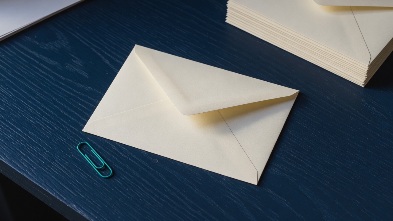 Cream stationery and a teal accent on a dark navy desk