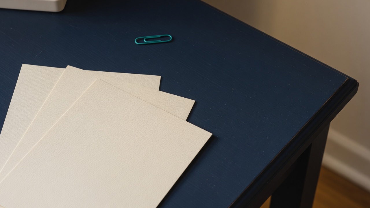 Cream stationery and a teal accent on a dark navy desk