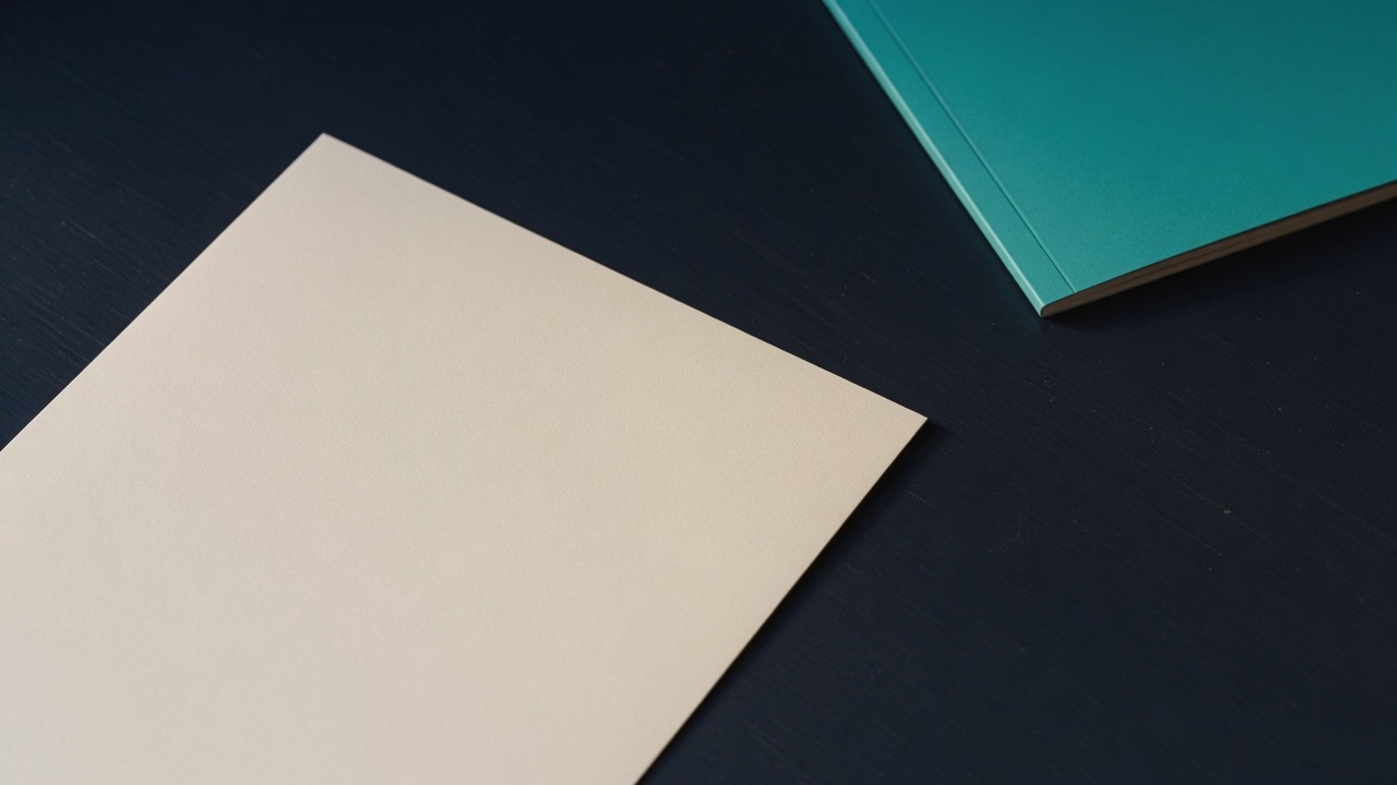Cream stationery and a teal accent on a dark navy desk