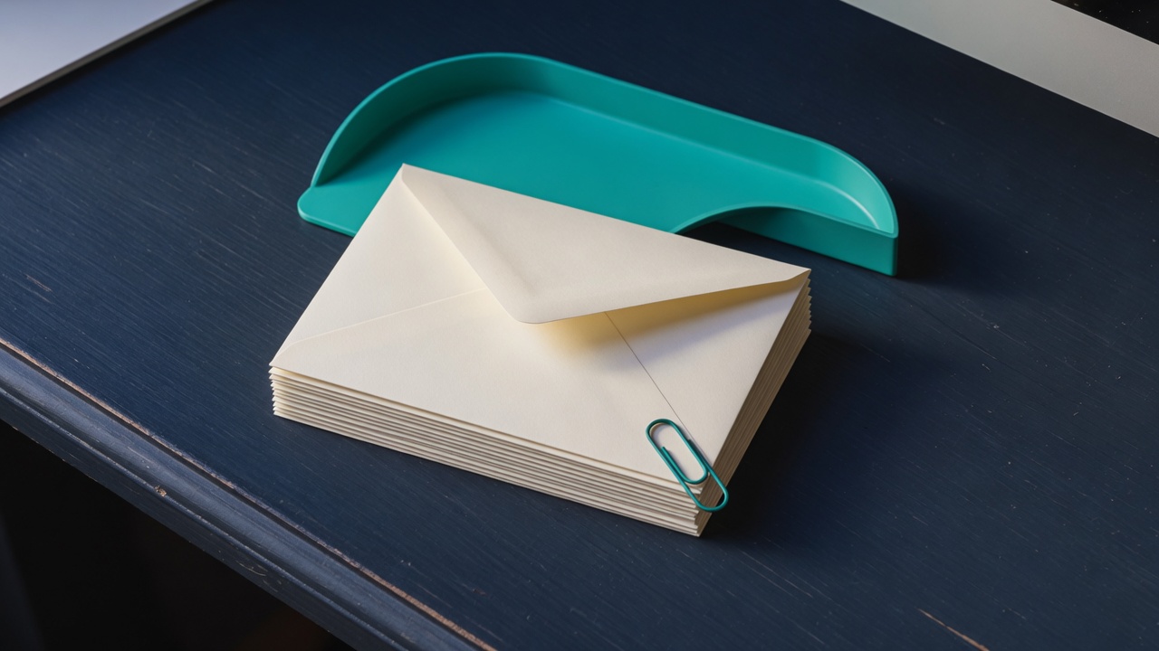 Cream stationery and a teal accent on a dark navy desk