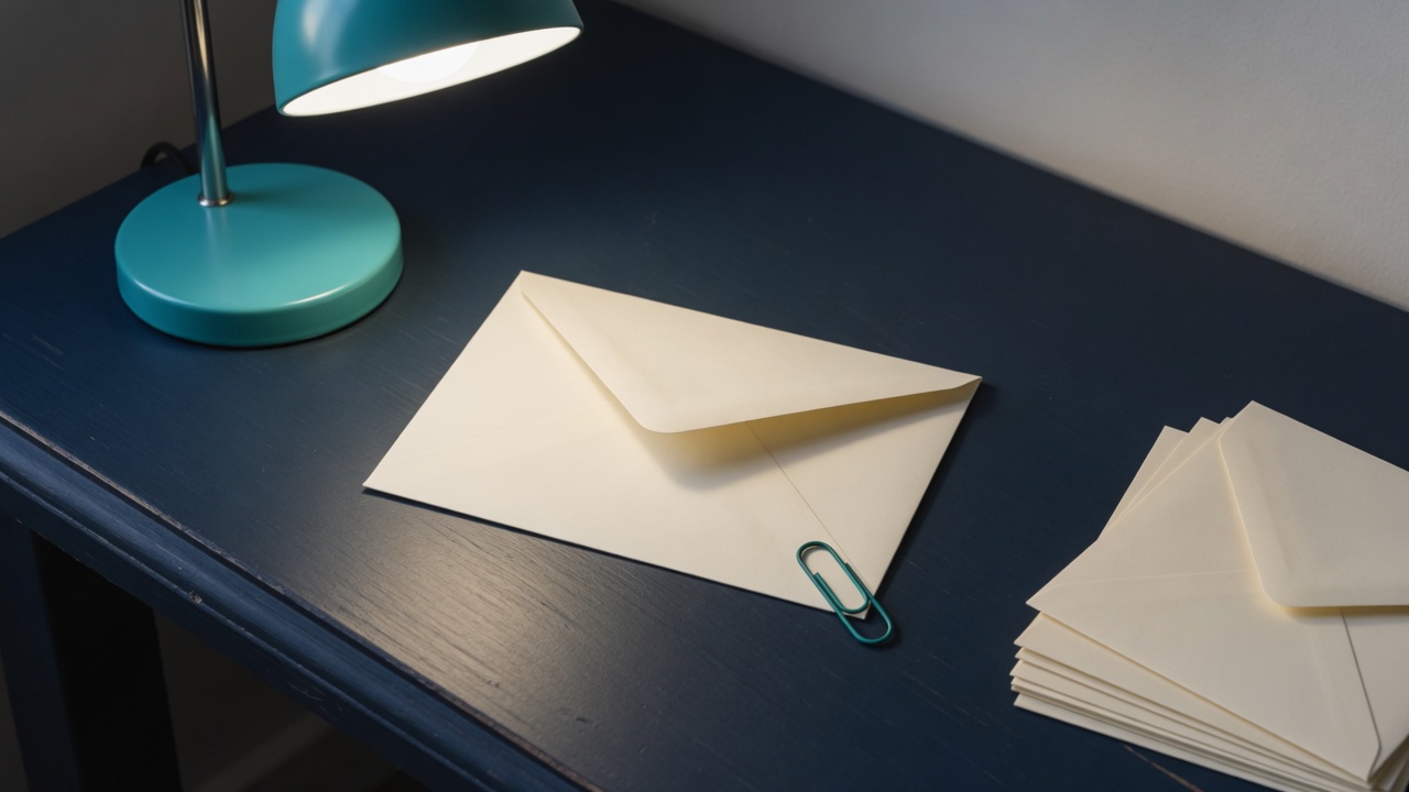 Cream stationery and a teal accent on a dark navy desk
