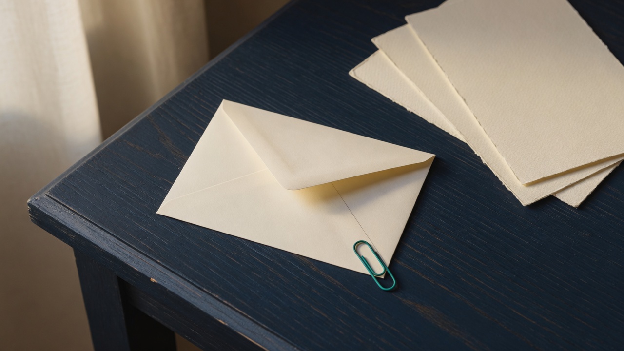Cream stationery and a teal accent on a dark navy desk