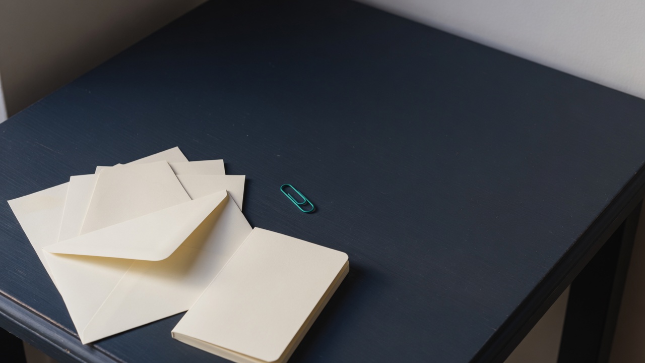 Cream stationery and a teal accent on a dark navy desk