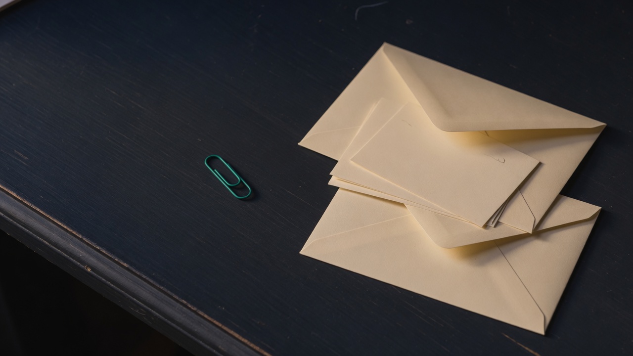 Cream stationery and a teal accent on a dark navy desk