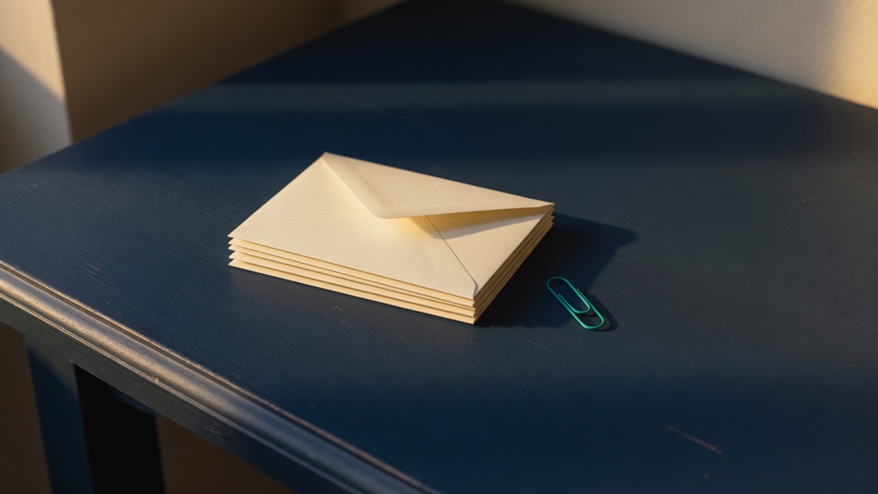 Cream stationery and a teal accent on a dark navy desk
