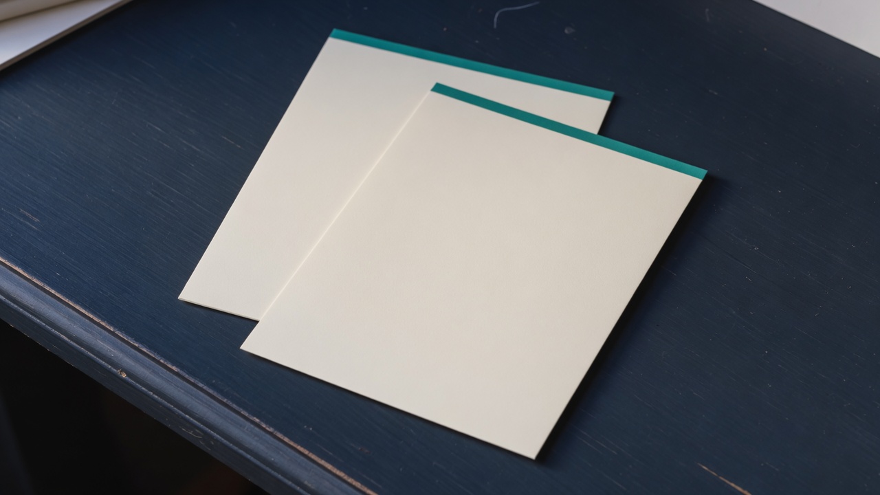 Cream stationery and a teal accent on a dark navy desk