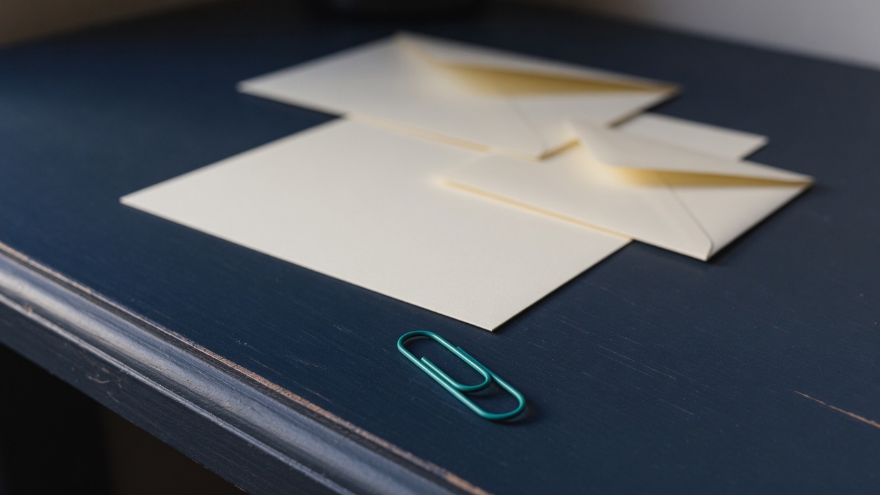 Cream stationery and a teal accent on a dark navy desk