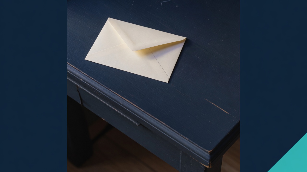 Cream stationery and a teal accent on a dark navy desk