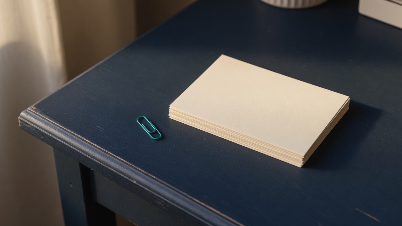 Cream stationery and a teal accent on a dark navy desk