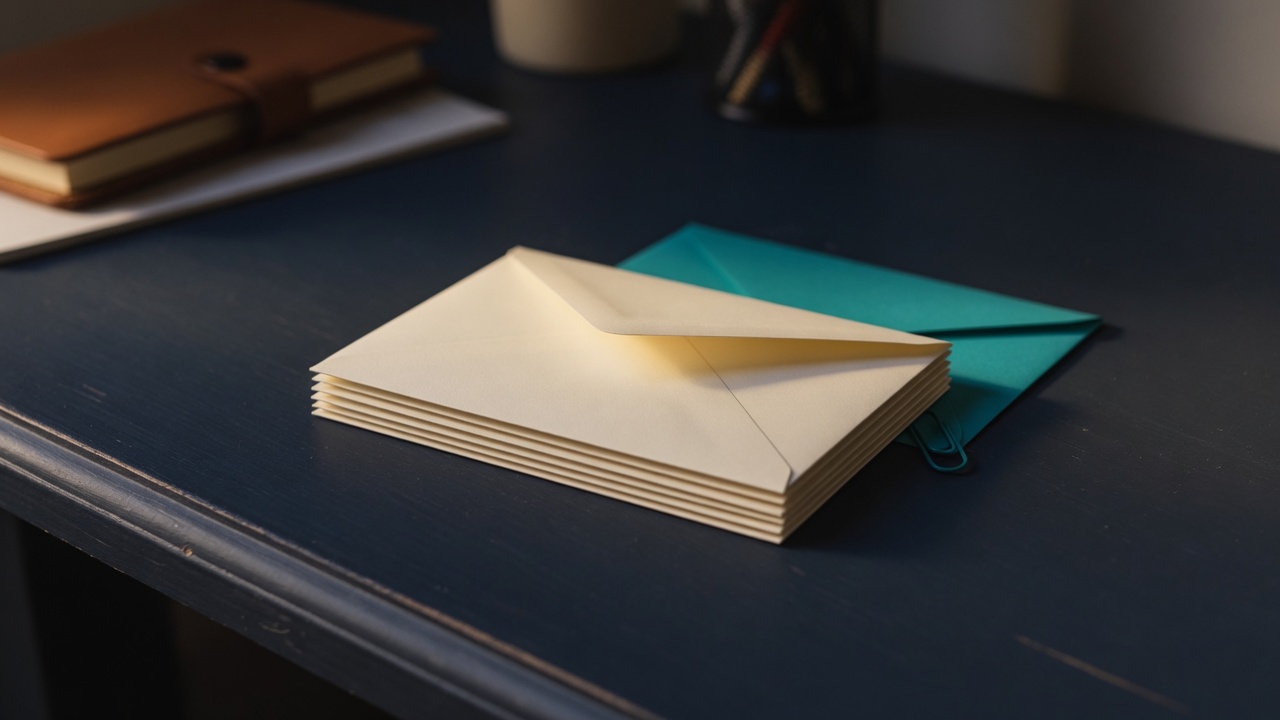 Cream stationery and a teal accent on a dark navy desk