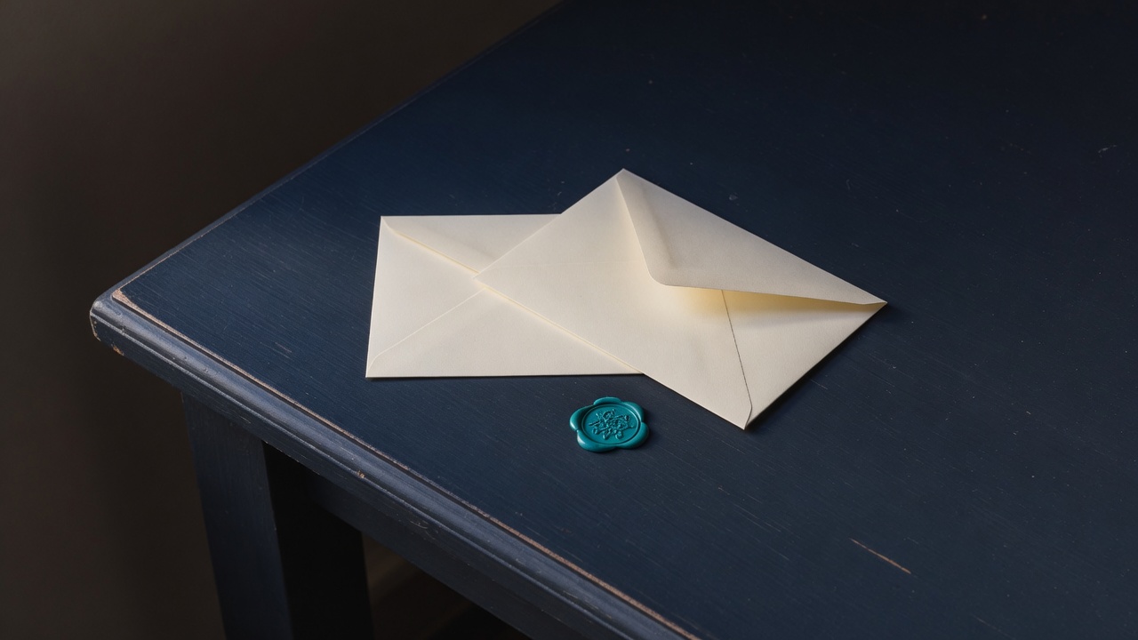Cream stationery and a teal accent on a dark navy desk